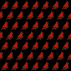 Seamless red cardinal bird pattern on black background with berry branches. Festive winter digital paper for scrapbooking, Christmas crafts and creative winter projects.