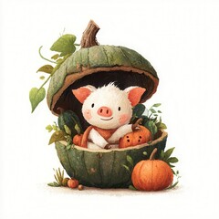 Cute pig character inside a pumpkin shell surrounded by plants and autumn elements