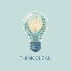 Bright idea for dental health and oral hygiene glowing inside a light bulb with leafy greenery and the text think clean vector