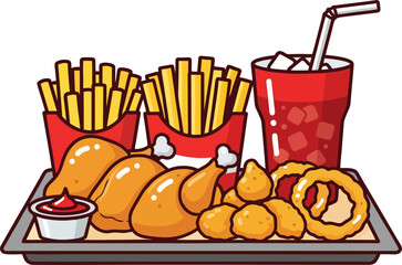 Cartoon Vector Illustration of Crunchy Fast Food Tray with Fried Chicken, Nuggets, Onion Rings, French Fries, Iced Soda, and Ketchup
