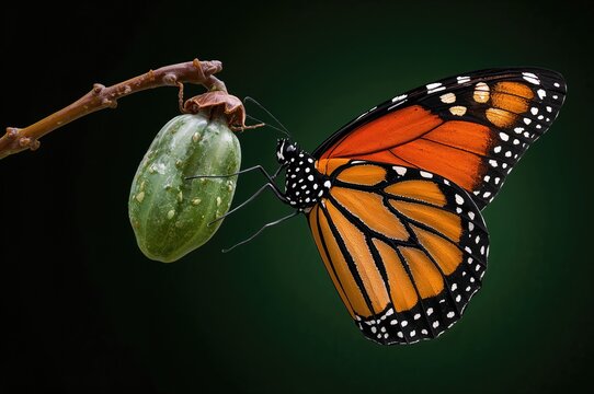 Incredible scene of a big tropical butterfly breaking free from its chrysalis with a clipping path, symbolizing butterfly metamorphosis