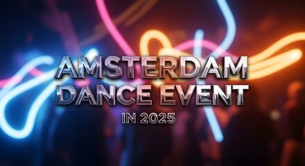 Futuristic promotional graphic for a 2025 electronic music festival, capturing the energy of a live concert with a silhouette crowd and vibrant neon light trails