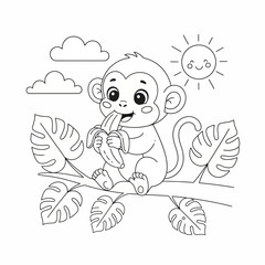 Fototapeta premium Cute monkey sitting on a branch eating a banana with leaves clouds and a smiling sun in black and white