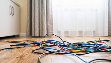 Tangled Electrical Cords on Wooden Floor