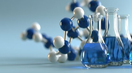 Three glass flasks containing blue liquid sit on a smooth surface with a molecular model in the background, highlighting chemistry concepts and experimentation