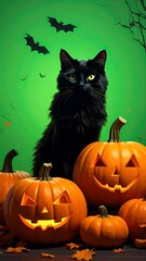 Black cat sits amidst Halloween pumpkins