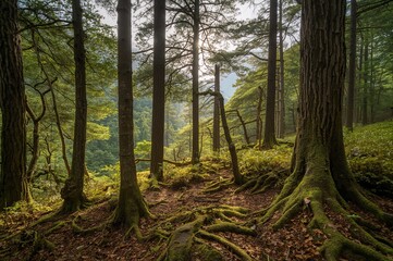 Obraz premium Stunning ancient cypress and cedar woodland with moss-covered roots in a famous mountain reserve