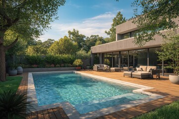 Fototapeta premium Outdoor patio area featuring a swimming pool