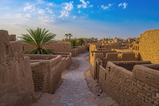 Historic street featuring traditional mud houses in an ancient town