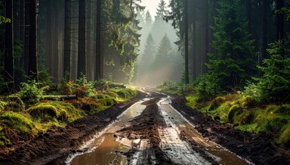 Obraz premium Serene Forest Pathway with Muddy Track and Sunlight Beams