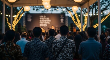 Community gathered for an evening of entertainment at an outdoor cultural arts festival under glowing lights