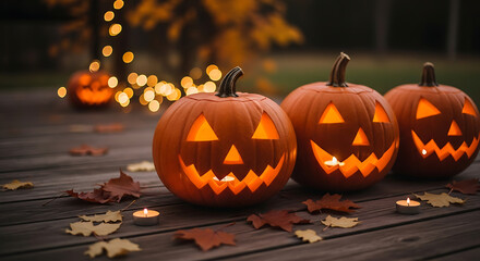 Fototapeta premium Halloween Magic Three Jack-o'-Lanterns Glowing on a Wooden Table with Autumn Leaves