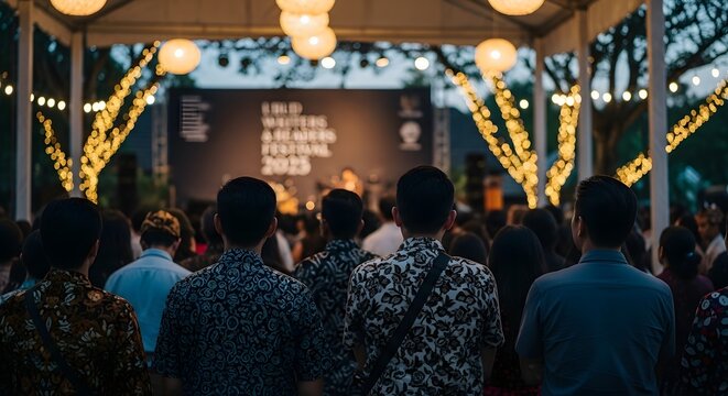 Community gathered for an evening of entertainment at an outdoor cultural arts festival under glowing lights