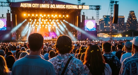 Silhouetted audience united in celebration at a vibrant outdoor concert with a spectacular stage light show at dusk
