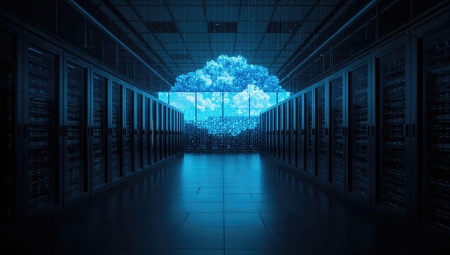 A cloud network and data processing visualized over a vacant server room backdrop