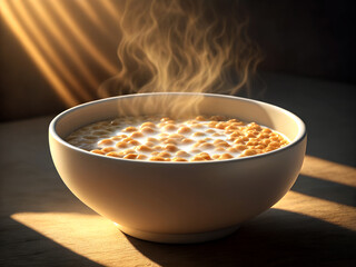 Warm bowl of steaming oatmeal with golden sunlight streaming through blinds creating a cozy morning breakfast scene