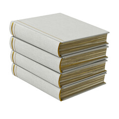 Several hardcover books are neatly stacked together, displaying the textured white covers and gold-edged pages.
