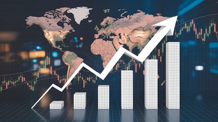 Dynamic global growth chart with upward arrow and world map background signifies booming financial markets and economic success