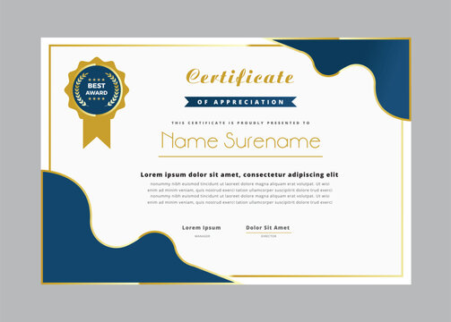 Elegant Blue and Gold Certificate of Appreciation Template with Modern Design