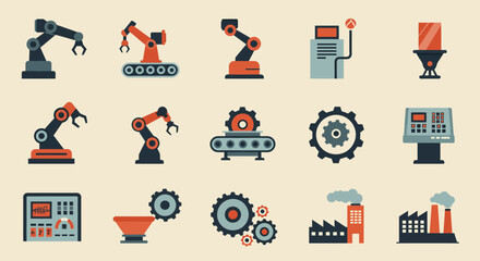 A modern flat design illustration showcasing a collection of essential icons related to industrial automation and smart manufacturing processes. This vector art represents the core elements 