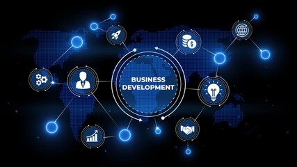 Business Development Concept with Icons and World Map Network on Black Background strategy - Powered by Adobe