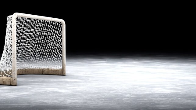 Empty hockey goal in an ice rink illuminated by soft light during a quiet moment before a game