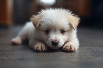 Charming young white puppy resting on a cement surface