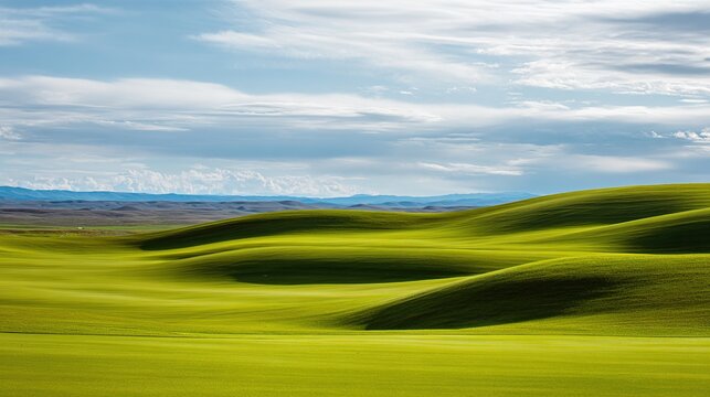 fairway. Vast green golf course under bright sunlight, capturing the tranquility of open landscapes. travel magazines, destination branding, designed for outdoor magazines and nature guides.