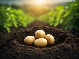 Freshly harvested potatoes nestled in rich dark soil amidst lush green potato plants
