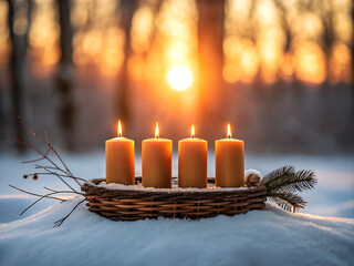 Four lit orange advent candles in a woven basket on snowy ground with warm sunset light in the background