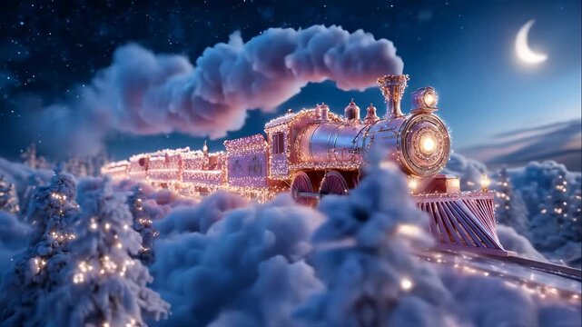 A Magical Christmas Train Journeys Through a Snowy Winter Wonderland at Night