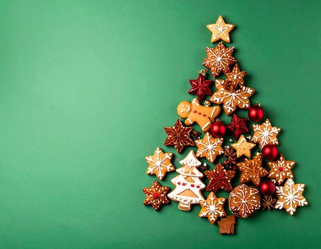 Christmas cookies arranged in a tree shape on a green background.  Colorful treats form festive design