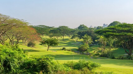 fairway. Vast green golf course under bright sunlight, capturing the tranquility of open landscapes. travel magazines, destination branding, designed for outdoor magazines and nature guides.