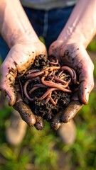 Close-Up of Hands Holding Soil and Earthworms in Sunlight