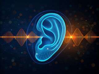 Abstract glowing blue digital ear with sound waves and particles on a dark background