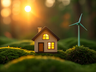 Miniature eco friendly house with wind turbine in lush green mossy forest at sunrise