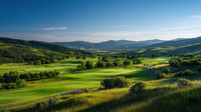 fairway. Vast green golf course under bright sunlight, capturing the tranquility of open landscapes. travel magazines, destination branding, designed for outdoor magazines and nature guides.