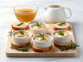 Delicious appetizer spread featuring creamy dips on toast with fresh rosemary and a glass of broth