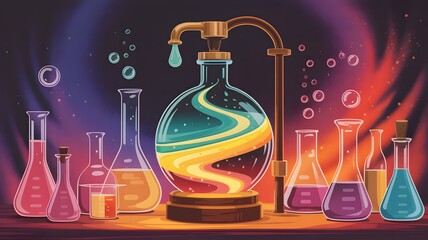 Vibrant science lab experiment with colorful liquid swirling in a round flask under a dripping faucet, creating a magical atmosphere.