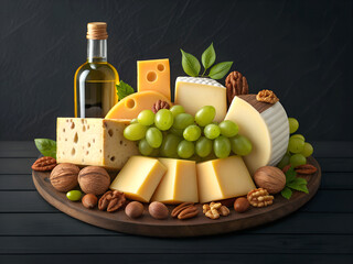 Artfully arranged cheese board with grapes nuts and olive oil bottle on dark wooden background