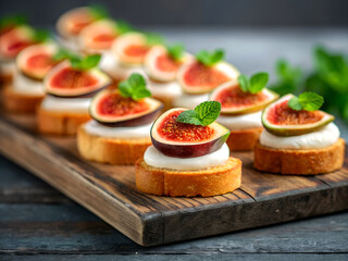 Deliciously arranged fresh figs and cream cheese on toasted baguette slices garnished with mint leaves
