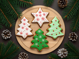 Festive Christmas tree and star shaped sugar cookies decorated with icing and surrounded by pine needles and pine cones