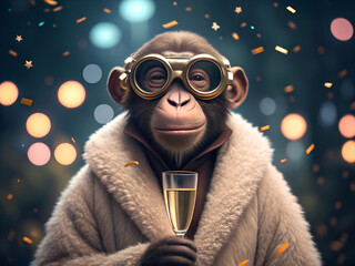 A sophisticated monkey wearing goggles and a fluffy coat holds a glass of champagne amidst a bokeh background