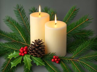 Two lit pillar candles nestled amongst evergreen branches with pine cone and holly berries