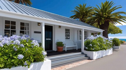 Elegant modern white house with lush greenery and blue sky, showcasing architectural beauty and inviting atmosphere, perfect for real estate or travel promotions.