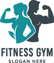 Fitness Gym Logo with Silhouette of Man and Woman Flexing Muscles