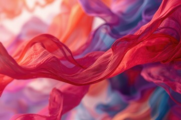 Obraz premium Multicolored textile fragments soaring, texture and design art concept with vibrant red energy wave