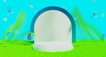 retro-future y2k 2000s frutiger aero aqua web 2.0 gloss with stage podium for product display showcase, 3d illustration rendering abstract background, technology and nature concept