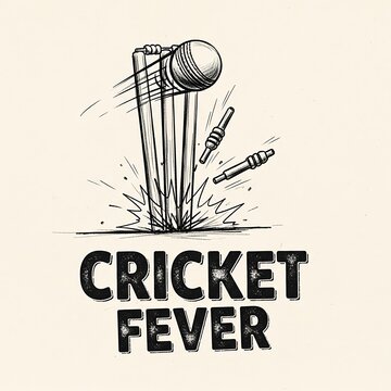 Dynamic sketch of a cricket ball hitting wickets with text cricket fever isolated on white background