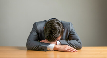 Obraz premium Exhausted businessman rests head on desk, overwhelmed by overwhelming work pressure and stress, seeking relief